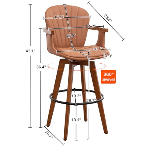 Image of LUNLING 30 inch Bar Height Stools Set of 2,Mid Century Modern Bar Stools,Brown PU Leather Kitchen Island Stools,Wood High Barstools Swivel with Back and Arms for Home Bar Furniture