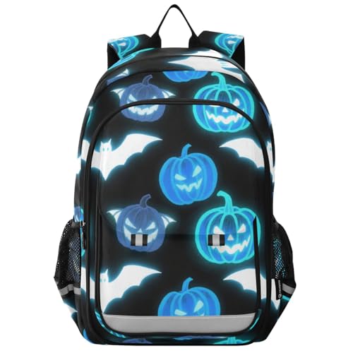 kids backpack cute 8-12： large capacity books bag for 6th grade school boys girls in assorted colors - Light Up Pumpkin Bat Blue White