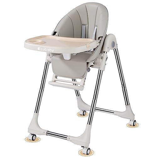 Image of Ezebaby Baby High Chair, Portable High Chair with Adjustable Heigh and Recline, Foldable High Chair for Babies and Toddler with 4 Wheels, High Chair for Toddlers with Removable Tray-(Grey)