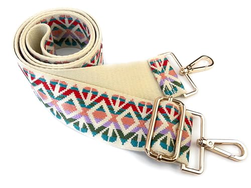 Image of Vibrant Multicolor Boho Diamond Purse Strap with Light Gold Hardware 2 Inch Wide Replacement Crossbody Guitar Style Shoulder Strap for Handbags Totes