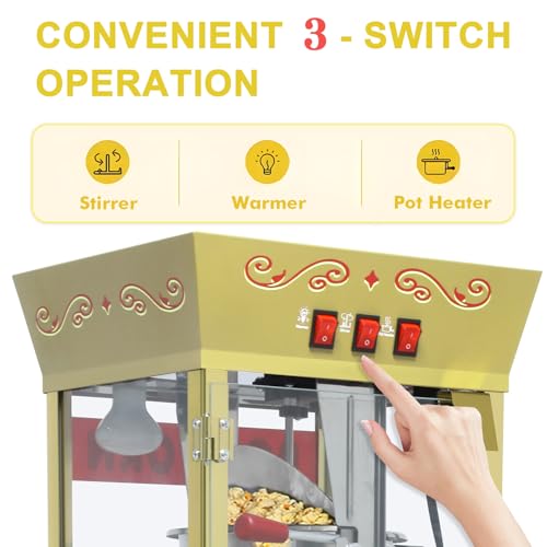 Image of 12 Oz Popcorn Machine with Cart (Red) - Medium Capacity Vintage Popcorn Maker - 3 Easy Switches with Storage, 4 Spoons for Home & Light Commercial Use
