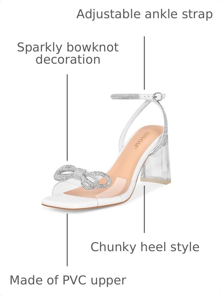 Image of ISNOM Clear Heels for Women with Square Toe, Wedding Heels with Bow | Chunky Heels, Sparkly Heels, PVC, Party, Festive, Gift, Paired with Daily Wear, Wearing It All Day