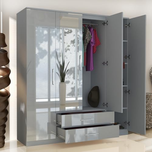 URBAN FURNISHING 4 Door Wardrobe with Drawers, Hanging Rails & Shelves Modern High Gloss Wardrobe for Bedroom (Grey) - Image 9