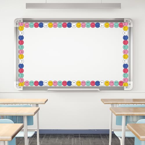 Image of Whaline 32.8ft Happy Face Bulletin Board Border Navy Blue Rose Pink Yellow Green Smile Face Die-Cut Rolled Border Trim for Back to School Chalkboard Wall Decoration