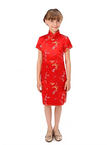 Girl's Blossom and Leaves Red Qipao Chinese Dress