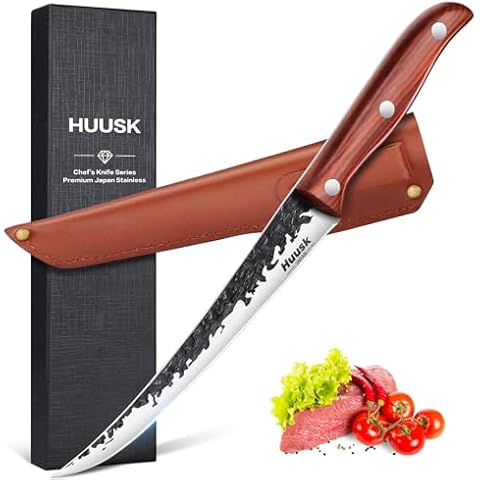 Huusk Brisket Trimming Knife,Fillet Knife for Meat,Curved Boning Knives 7 Inch, Hand Forged Meat Trimming Knife,Japanese Boning Knife Meat Butcher Knife for Fish Chincken Gift for Dad Cover