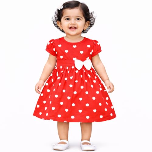 Image of Babeezworld Cotton Baby Girl Dress - Knee Length fit and Flare Dress Frock jhabla (Red; 3-4 Years)