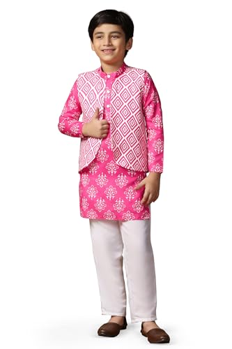 Image of Fashion Dream Boy's Cotton Blend Printed Kurta Pyjama And Jacket Set|Kurta And Payjama Set