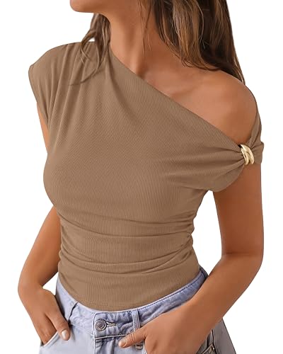 PRETTYGARDEN Womens Summer Off The Shoulder Crop Tops Ribbed Going Out Fitting T Shirts Trendy Spring Y2k Clothes 2026(Khaki,Large)