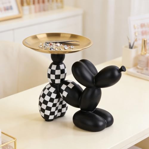 Escultura perro globo cuadriculado negro y blanco con bandeja miniatura 4