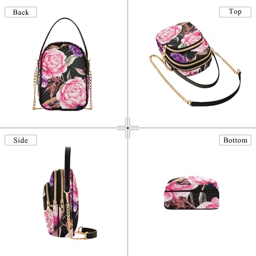 Watercolor Pink Purple Peonies over Shoulder Handbags Lady Cell Phone Purse Chain Strap Floral Print Zipper Bowler Tote Ladies Satchel, 5.9" × 8.3" × 3.1"4