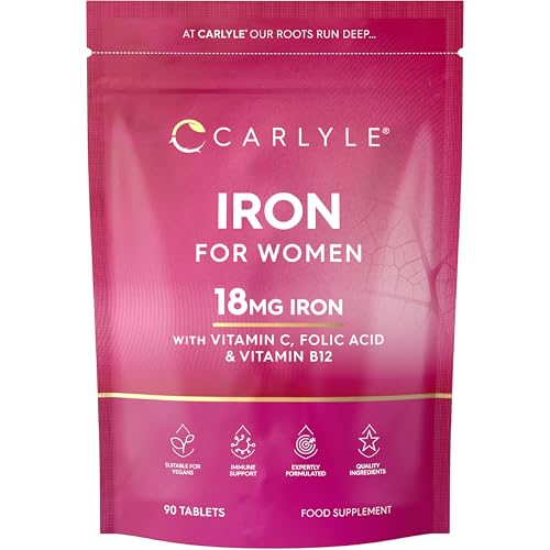 Iron Tablets 18mg | High Strength for Women | with Vitamin B12, Vitamin C and Folic Acid | 100% NRV Iron Complex | 90 Vegan Tablets | by Carlyle