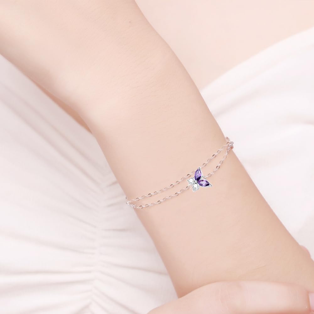 925 Sterling Silver Purple Butterfly Bracelets for Women,Adjustable Charm Birthdaystone Bracelet Jewelry Mother's Day Birthday Gifts for Mother Wife Women (Purple)