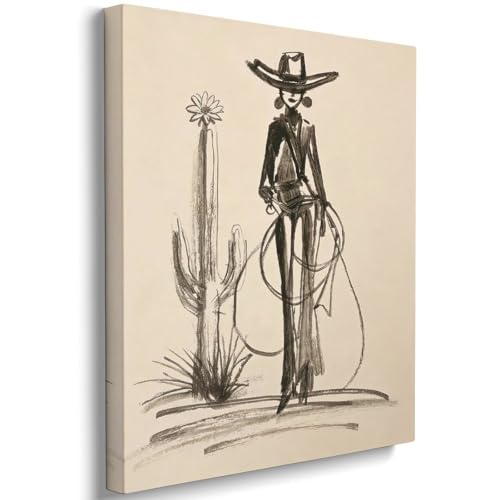 Cowgirl Desert Line Art Print, Minimal Western Rodeo Poster, Black