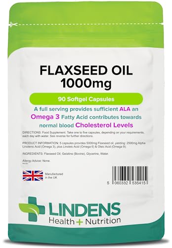 Lindens Flaxseed Oil 1000mg Capsules - 90 Pack - High in Alpha Linoleic Acid & A Popular Source of Omega 3 6 & 9 Contributing to The Maintenance of Normal Blood Cholesterol Levels - UK Manufacturer, Letterbox Friendly