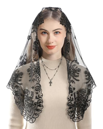 Bozidol Mantilla Triangle Rose Cross One-Piece Veil for Women Black Church Catholic Veils for Women Mass, Lace Christian Head Covering Religious Gifts for Lady Prayers Communion Easter