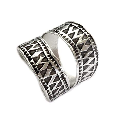 Sterling Silver Ethnic Boho Wide Band Ring, Handmade Tribal Gypsy Adjustable wrap around ring With Geometric Engraving, fit as Thumb Ring, Gift for Her