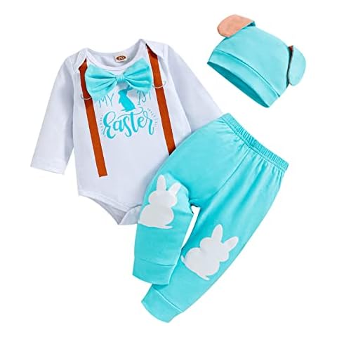 ODASIRA My First Easter Baby Boy Outfit 0-3 Months Newborn Clothes Long Sleeve Rabbit Bow Romper + Bunny Pants + Cute Hat Blue 0-3 Months 70cm Cover