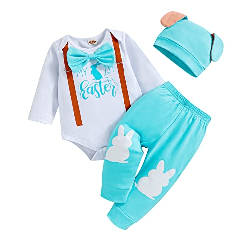 Image of ODASIRA My First Easter Baby Boy Outfit 3-6 Month Clothes Long Sleeve Rabbit Bow Romper + Bunny Pants + Cute Hat Blue 3-6 Months 80cm