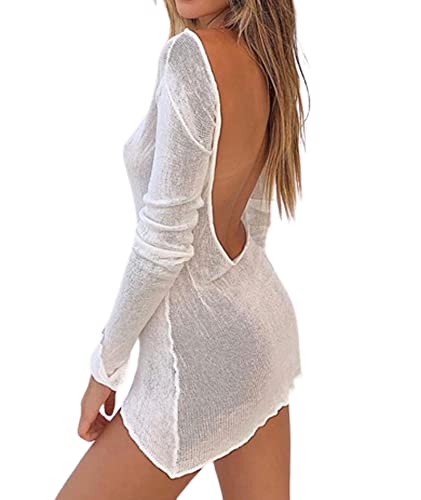 Women's See Through Sheer Mini Dress Long Sleeve Open Back Backless Knitted Bikini Cover Up Sundress Beachwear