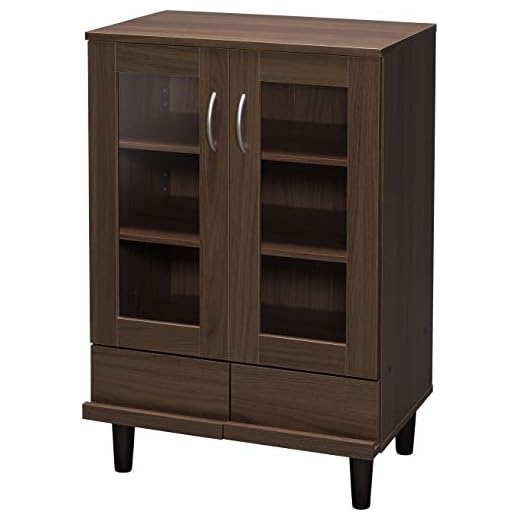 Varumärke Amazon - Movian, Kommod/skänk med 2 lådor och 3 hyllor med glasdörrar i trä, Enkel montering, Högsta vikt per hylla: kg: 8 kg, Vardagsrum, Kök - Kitchen Cabine KBN-9390 - Brown