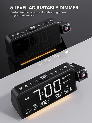 Projection Alarm Clock for Bedroom, Digital Clock with Projection on Ceiling with Night Light, Date, Temperature, Humidity, Type-C USB Charger, Snooze, Dual Alarms, Dimmer,12/24H