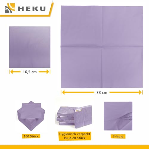 HEKU 100 einfarbige Servietten, 3-lagig, 33x33cm I Einheitliche Qualität für Veranstaltungen & Gastronomie I Praktische 5er-Packung I Hoch saugfähig und stilvoll, flieder