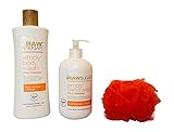 Raw Sugar Hand & Body Wash Bundle: Raw Coconut + Mango - 1 Body Wash (25 oz.) + 1 Hand soap + (16.9 oz) + Color coordinated Loofah