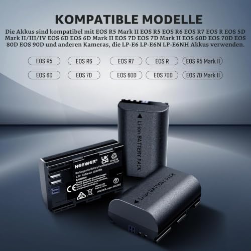 NEEWER Ersatzakku und Ladegerät Set für LP-E6P/LP-E6NH/LP-E6N, 3er Pack 2200mAh Akkus und USB Dreifachladegerät… – Ansicht 4