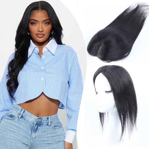 Unipearl Hair Toppers for Women Real Human Hair 12 Inch 360° Cover Remy Human Hair Topper for Women with Thinning Realistic Scalp Clip in Pieces Straight Hair (Natural Black, Side Bangs)