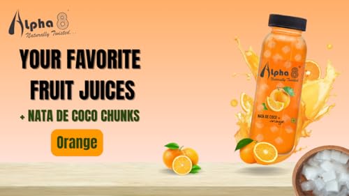 Image of ALPHA 8 FRUIT Juice with NATA De Coco Coconut Cubes Natural Energizer & Immunity Booster, Healthy Juice, High Fiber, Real Natural Taste((Orange Juice, Pack of 24)