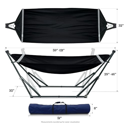 Image of Tranquillo Ultimate Relaxation Portable Hammock Stand with Cotton Canvas Net, Spreader Bar, Quick Fold Unfold in 30 Seconds Steel Frame Hammock 600 lbs Capacity Outdoor, Black