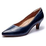Mona flying Women's Leather Pump Med Heel Pointed Toe Office Dress Shoes for Ladies, Navy Blue, 10