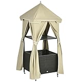 Outsunny Outdoor Towel Valet Caddy, Covered Poolside Towel Holder Rack, Shelf, Basket, Rolling PE Rattan Wicker Storage on Wheels, Beige