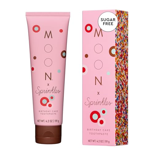 Moon x Sprinkles Birthday Cake Flavored Toothpaste, Fluoride Free - Sugar & SLS Free Toothpaste - Low-Foaming, Gentle on Gums & Enamel - with Hints of Vanilla Buttercream (4.2 Oz)