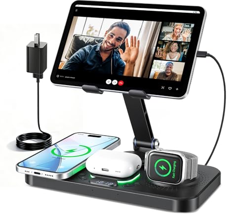 6 in 1 Charging Station for Apple Multiple Devices, Wireless Charging Station with Clock & 7 RGB Light, Foldable Wired Chargers for Multiple Devices for iPhone 17/16/15, iPad, Apple Watch, AirPods