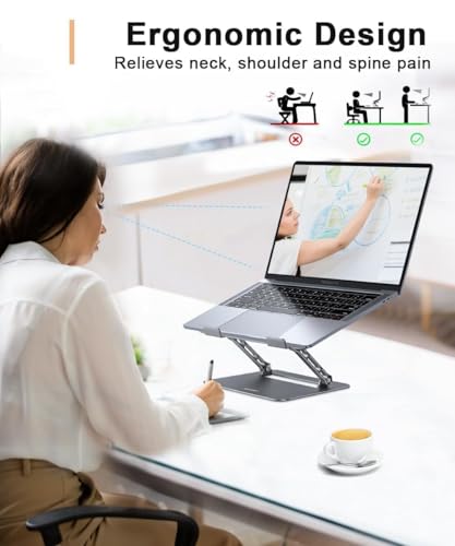 Image of Aoviho Adjustable Laptop Stand for Desk,Portable Laptop Stand Holder and Riser,Foldable Aluminum Notebook Computer Stands for MacBook Air Pro HP Lenovo Dell Samsung Chromebook, 10-15.6 inch, Grey
