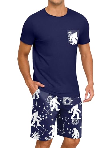 Image of PrinStory Mens Summer Pajamas Set Lightweight Pjs Sets Short Sleeve Pajama Shorts Set Soft Sleepwear Loungewear with Pockets