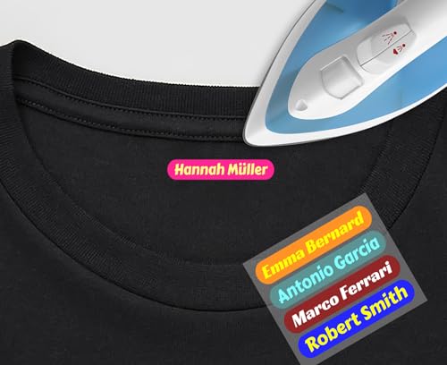 CrisPhy 100 Etiquetas Adhesivas Multicolor para Ropa Personalizadas. Medida 40mm x 8mm. Pegatinas termoadhesivas para planchar