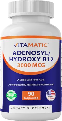 Vitamatic Adenosylcobalamin Hydroxocobalamin B12-3000 mcg with Folic Acid Dual Active Form of B12 Non-GMO Gluten-Free Sugar-Free 90 Veg Capsules Made in USA