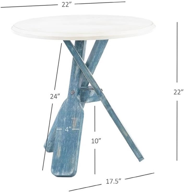 Pemberly Row Transitional Wood Side Table, 22 in Round Distressed Cream and Blue Finish, Beveled Top with Nautical Oar Base, Coastal Style for Living Room, Sunroom or Office
