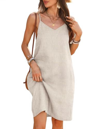 Image of Women's 100% Linen Dress Spaghetti Strap Adjustable Strap V Neck Sleeveless Sundress Summer 2026 Beach Vacation