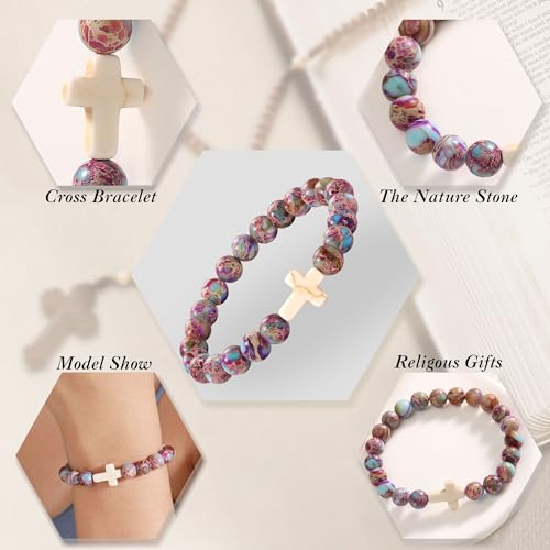 Image of Cross Bracelets for Women, Christian Gifts for Women Stocking Stuffers for Teens Cross Bracelet Imperial Nature Stone Bead Bracelet Confirmation Baptism Gift for Teen Girls Christmas Religious Gift Cathlic Faith Jewelry