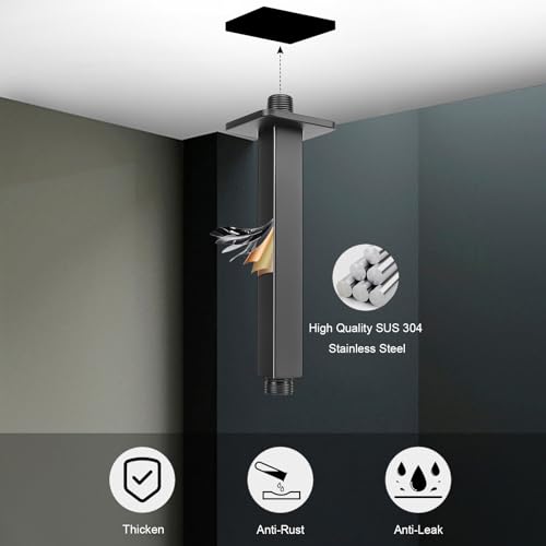 Image of Ceiling Mounted Shower Arm, Rain Shower Square Extension Arm with Flange and Teflon Tape Stainless Steel Ceiling Mount Shower Extender (6 Inch, Matte Black)