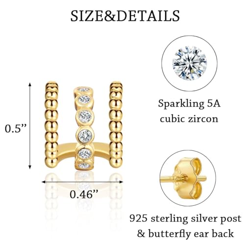 GULICX Gold Earrings for Women Trendy, 925 Sterling Silver Post Triple Hoops Illusion Stud Earrings with Cubic Zirconia, Claw Earrings Cuff for Women4