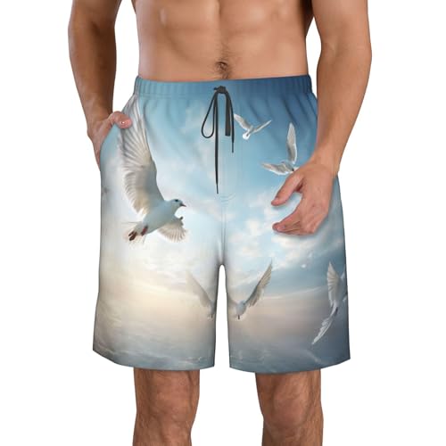 Short de bain pour homme avec imprimé flocage d'oiseaux - Séchage rapide - Style décontracté - Pour la plage et le surf, blanc, Medium