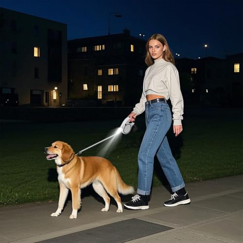 Aomig Rollleine Hunde Hundeleine für Kleine Große Hunde Ausziehbar mit Lampe, Reflektorstreifen, Anti-Rutsch-Griff, Schnellbremskno Einziehbar Dog Leash Training Spaziergänge Gurt Hunde (Weiß-5m-30kg)