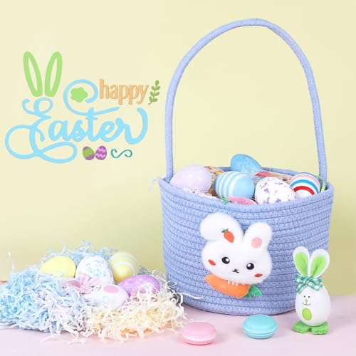 Image of DERAYEE Easter Basket with Handle, Cute Bunny Carrot Basket Easter Egg Hunts Gift Baskets for Easter Party Favors Candy Gifts Storage (Blue)
