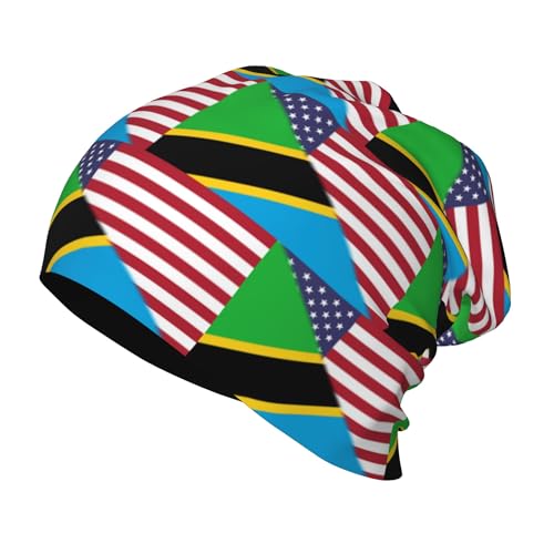 American Flag and Tanzania Flag Kids Leisure Elastic Knitted Hat Junior Large Size Knit Cap Child Beanie Black
