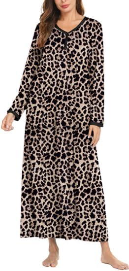 Ekouaer Women's Long Sleeve Nightgown Full Length Sleepwear Long Sleepshirts Henley Sleep Dress S-4XL